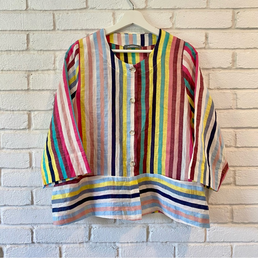 Alembika Colorful Striped Button Down Top Cotton Linen Blend Size Large